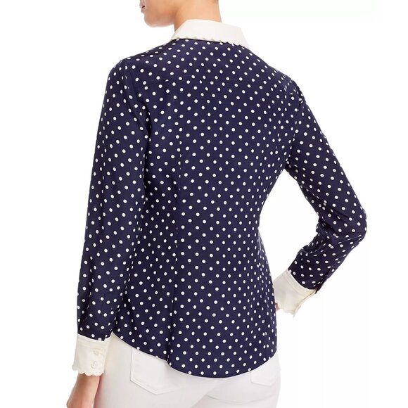 Tory Burch Navy Polka Dot Cream Scallop Silk Blouse - Picture 2 of 10